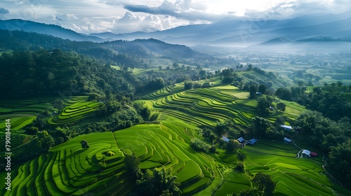 Landscape of green rice terraces amidst mountain agriculture. Travel destinations in Chiangmai, Thailand. Terraced rice fields. Traditional farming. Asian food. Thailand tourism. Nature landscape