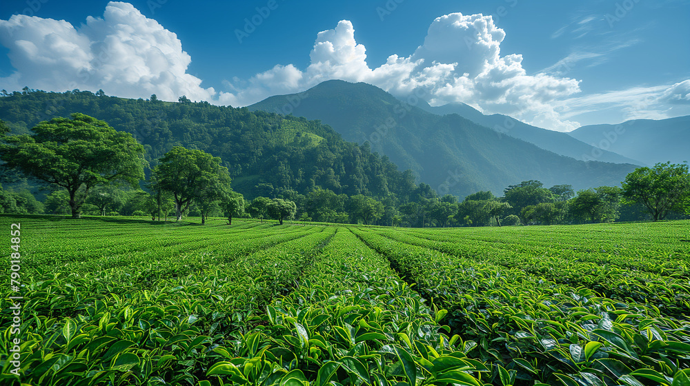 Green tea field, , Tea Plantation with blue sky at Chiangrai, Thailand.