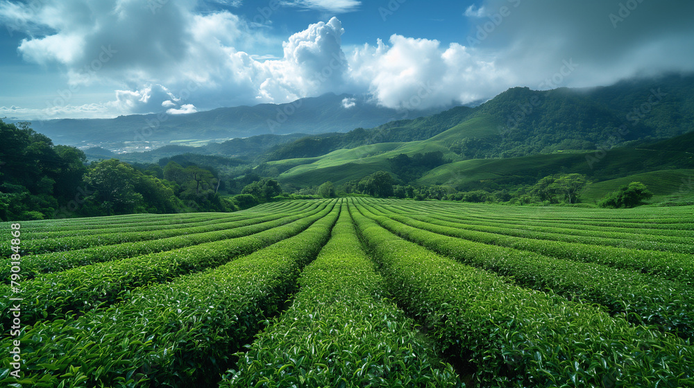Green tea field, , Tea Plantation with blue sky at Chiangrai, Thailand.