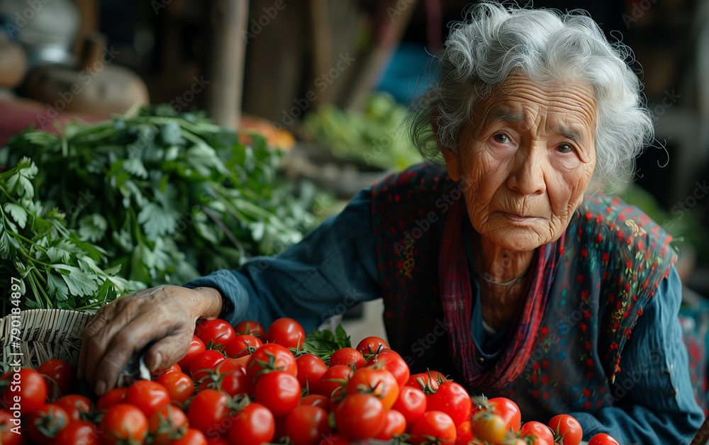 Elderly woman sitting with pile of tomatoes. Generative AI Elderly woman sitting with pile of tomatoes. Generative AI