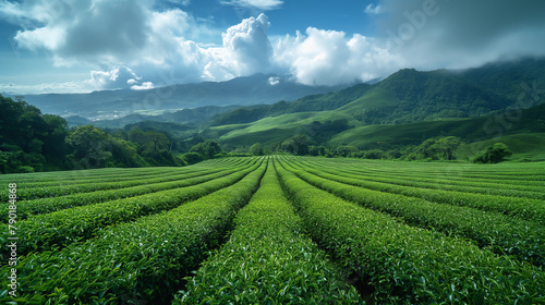Green tea field, , Tea Plantation with blue sky at Chiangrai, Thailand. photo