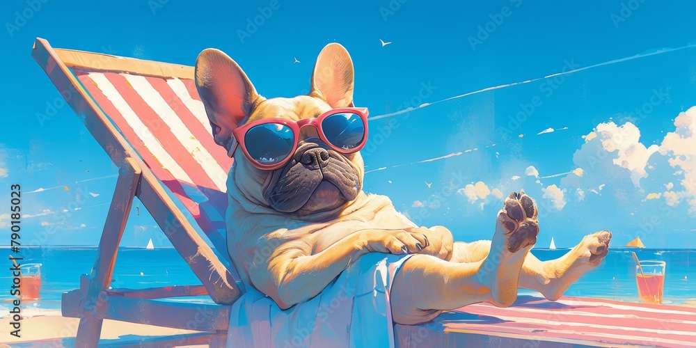 A French Bulldog wearing sunglasses lounging on the beach in summer, sitting on sunbeds with its paws hanging over the edge of the chair.  - obrazy, fototapety, plakaty 