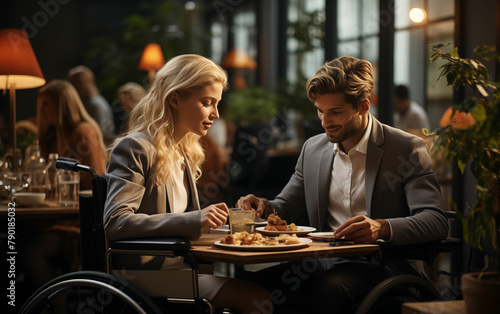 Man and woman dining at a restaurant table. Generative AI