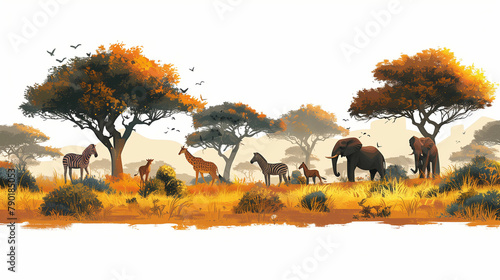Group of animals in the african savanna. Generative AI