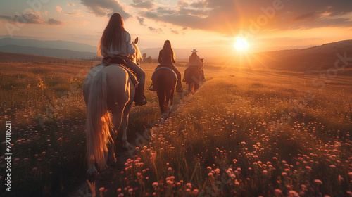 Group of people riding horses through a field. Generative AI photo
