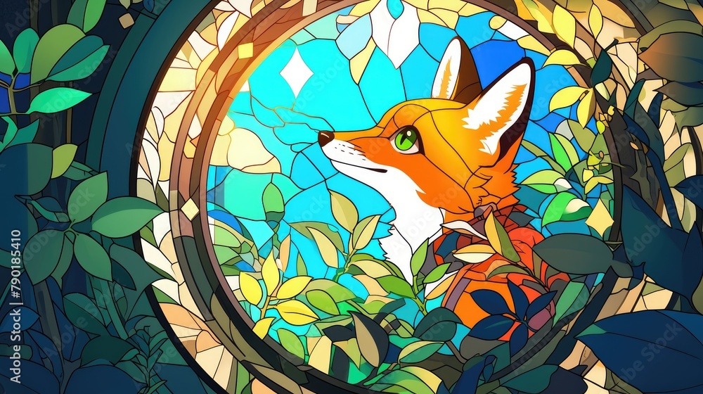 Fototapeta premium Imagine a vibrant stained glass window featuring a cheerful cartoon fox set against a backdrop of a clear blue sky and lush green leaves all enclosed within a dazzling frame