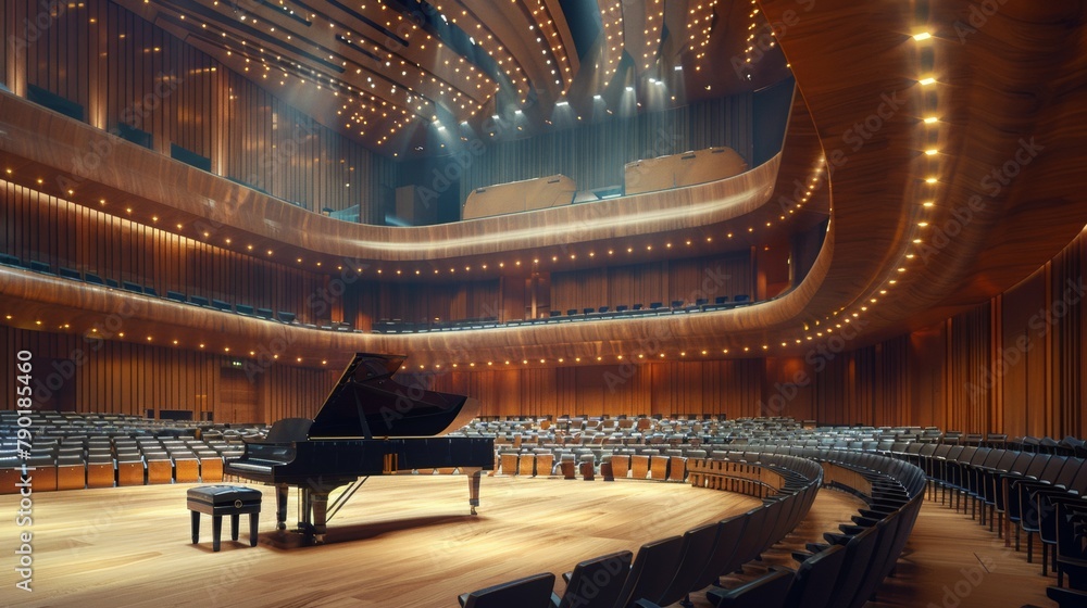 modern concert hall with piano on center stage