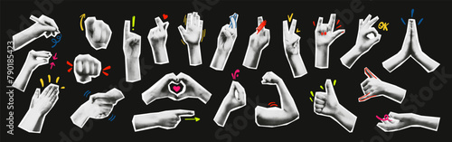 Trendy halftone collage elements set. Cut out from magazine hand emoji gestures collection. Various hands signs grunge punk dotted stickers. Modern retro vector illustration with doodles