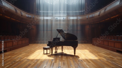 modern concert hall with piano on center stage