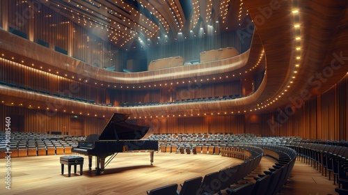 modern concert hall with piano on center stage photo