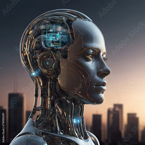 neuro nerve artificial intelligence robot man technology human face skin and city building background