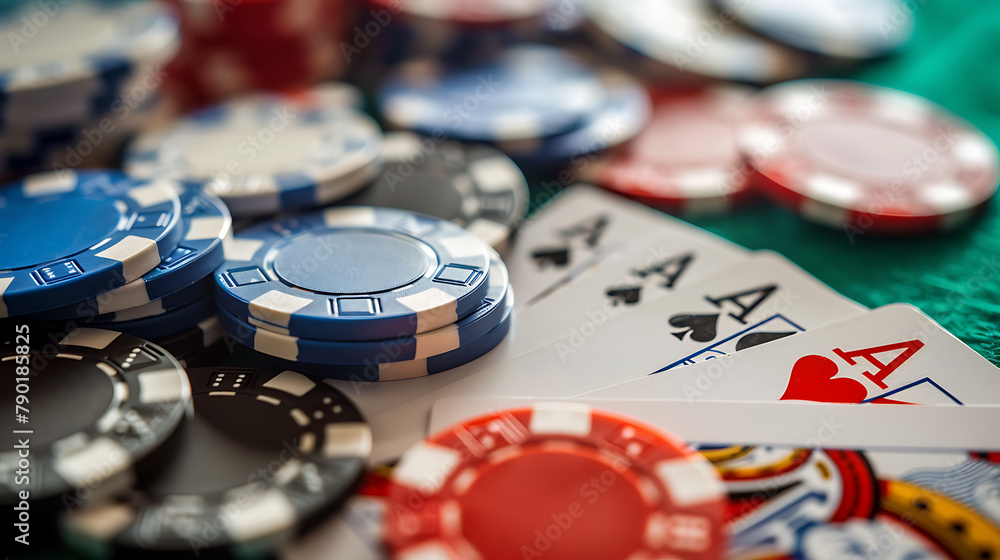 Poker chips and cards on green casino table closeup. Gambling concept Poker chips and cards on green casino table closeup. Gambling concept