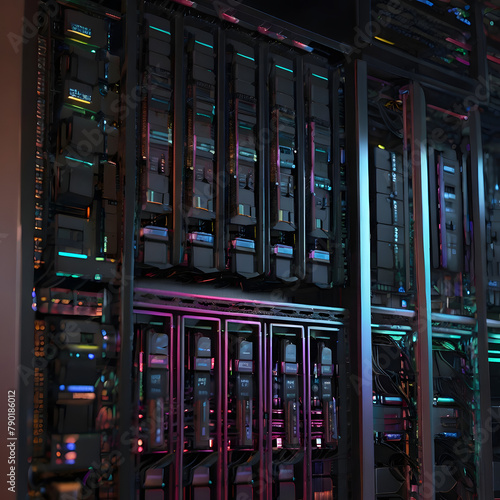 server rack in a data center with computing servers and network simple with cool lightings
