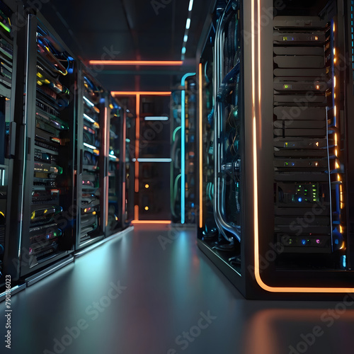 server rack with computing servers and network simple with cool lightings