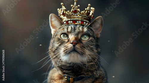 A cute domestic cat wearing kings crown, animal portarit photo