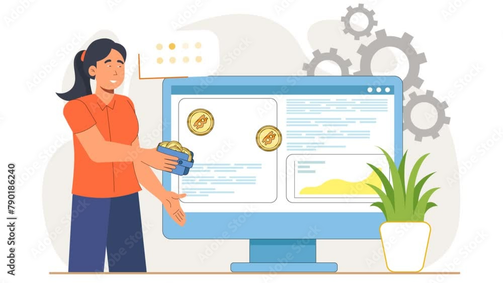 Virtual Bitcoin Wallet Concept with Smiling Woman Virtual Bitcoin Wallet Concept with Smiling Woman