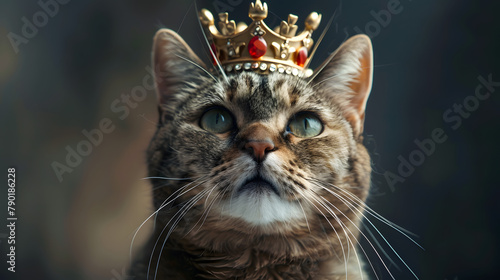 A cute domestic cat wearing kings crown, animal portarit photo
