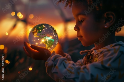 Young Boy Engrossed in Spinning a Small Illuminated Globe using Wind Energy at Dusk