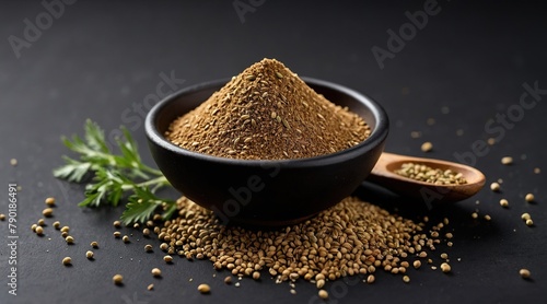 Coriander seed powder on a black background.