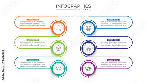 Business infographic thin line process with square template design with icons and 6 options or steps. Vector illustration.
