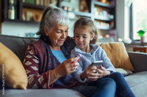 Grandmother and granddaughter with glucometer photo