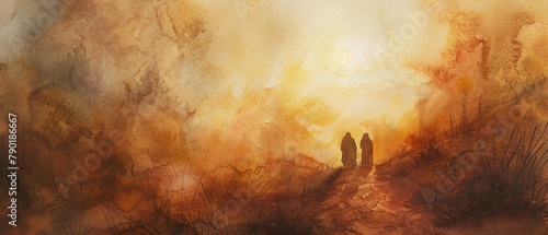 Artistic watercolor depiction of the path to Emmaus