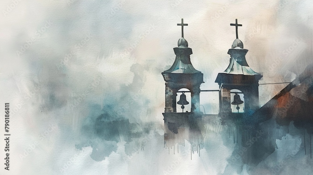 Watercolor church bells in a soft fog