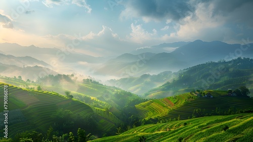 Landscape of green rice terraces amidst mountain agriculture. Travel destinations in Chiangmai, Thailand. Terraced rice fields. Traditional farming. Asian food. Thailand tourism. Nature landscape
