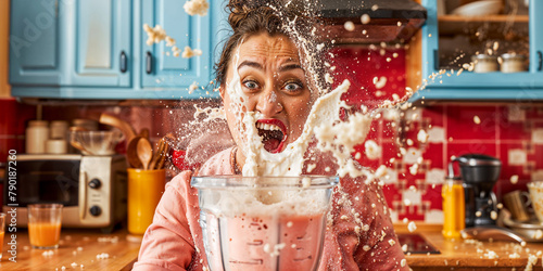 Woman splashed by smoothie spraying out from open blender, home cooking DIY fail, aggravation