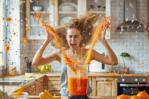 Woman splashed by smoothie spraying out from open blender, home cooking DIY fail, aggravation photo