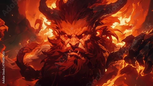 The devil with a red beard full of fiery humor appears as a burning caricature of fury in the depths of hell glowing with infernal flames and blazing like a painting of terror and madness a photo
