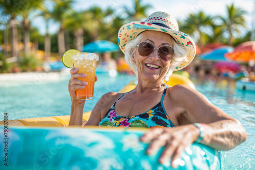 Senior citizen woman floating on inner tube in pool at a water park with a cocktail drink, vacation, tropical, retirement, travel