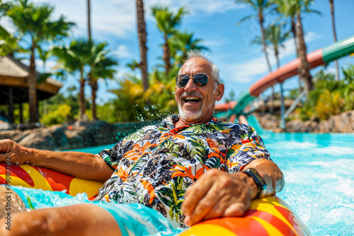 Senior citizen floating on a lazy river ride inner tube at a water park, vacation, tropical, retirement, travel