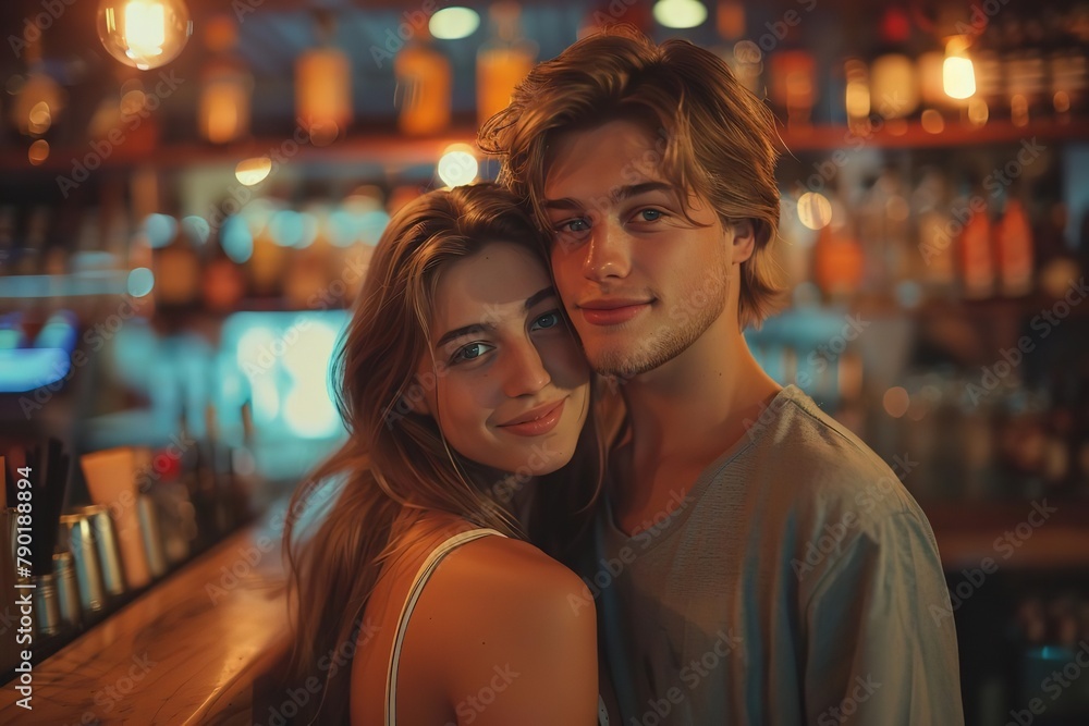 A man and a woman are standing in front of a bar. The man is wearing a leather jacket and the woman is wearing a black jacket A man and a woman are standing in front of a bar. The man is wearing a leather jacket and the woman is wearing a black jacket