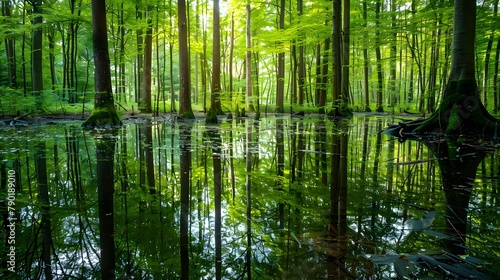 Wetlands and natural carbon sink concept. Wetlands forest with reflections in water. Freshwater wetland. Body of water. Landscape of natural carbon capture. Sustainable Ecosystems.