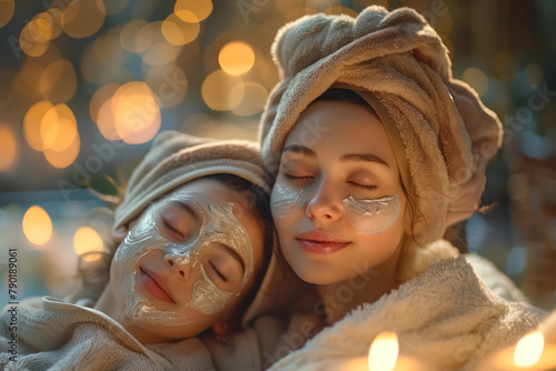 relaxing spa day at home with a mother and daughter wearing facial masks, celebrating the mother's day photo