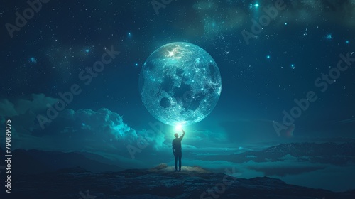 An inspirational poster with a lone activist holding a globe lit by renewable energy, stars in the night sky, designed with ample text space at the top photo