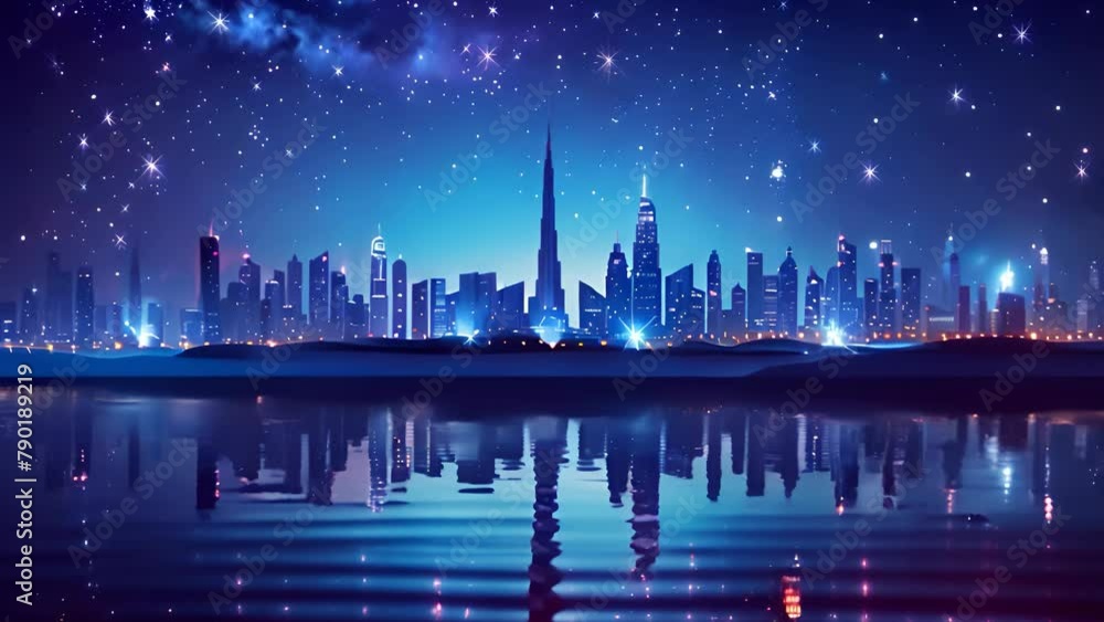 Night cityscape with illuminated buildings and reflection on water under a starry sky. The concept of urban nightlife and modern architecture. Night cityscape with illuminated buildings and reflection on water under a starry sky. The concept of urban nightlife and modern architecture.