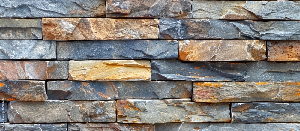 A close-up of a stone wall featuring a yellow stone A close-up of a stone wall featuring a yellow stone