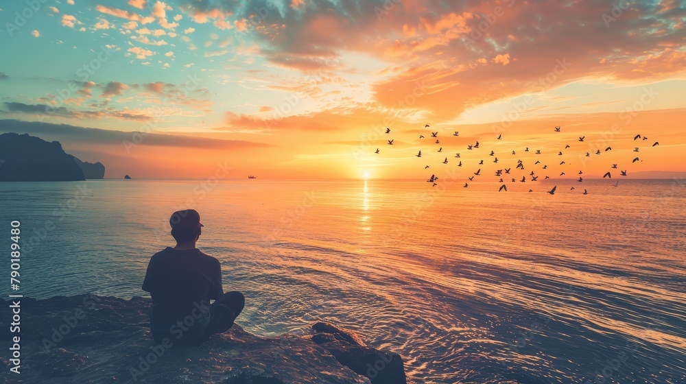 a man sitting on a rock looking at a sunset over water