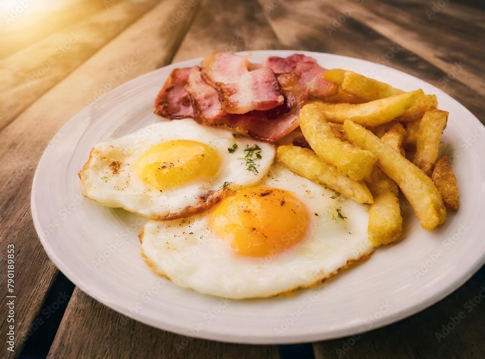 Fried eggs with bacon and french fries Fried eggs with bacon and french fries
