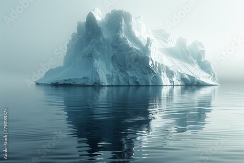 Massive iceberg floating in the ocean in foggy grey day  concept of being lost. danger