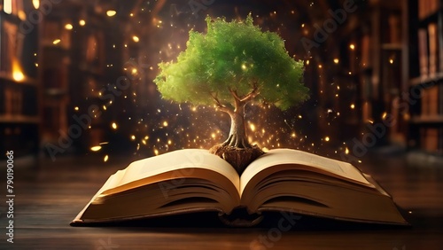 Tree grow from the book on blurred library background