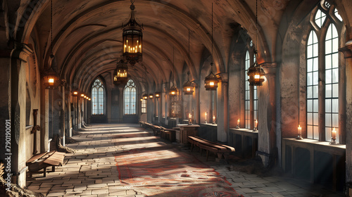 A large  empty room with a chandelier hanging from the ceiling. The room is dimly lit  giving it a mysterious and eerie atmosphere