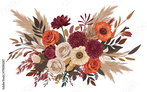 Boho chic wedding bouquet with an autumn color palette. Beautiful arrangement of roses, dahlias, ranunculus, and pampas grass in warm shades of orange, red, taupe, burgundy, brown. Vector isolated.