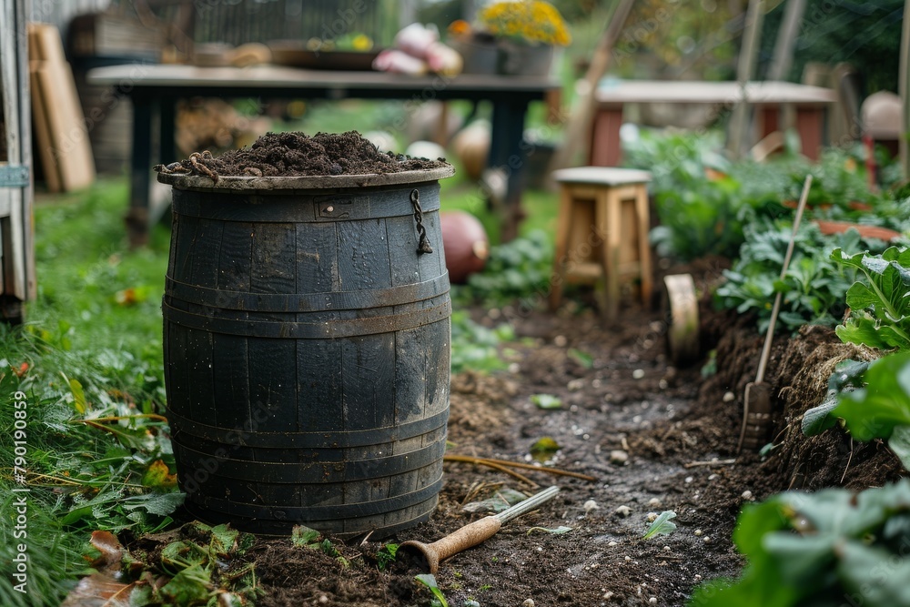 A detailed view of a compost bin in an organic farm setting, nutrient-rich soil and tools nearby, space for text at the bottom