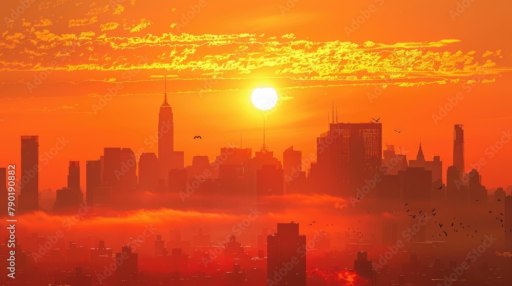 A sweltering sun dominates the sky, casting an overwhelming orange hue over the skyline, illustrating a city under the scorch of hot weather.

