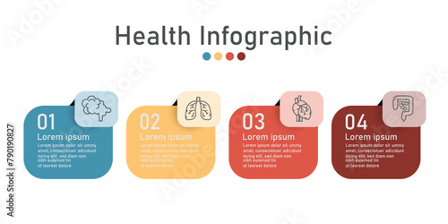 Infographic health care template for treatment and health care information presentation. Vector square with organ icons and examples sentences. Modern workflow diagrams. Report plan 4 topics
