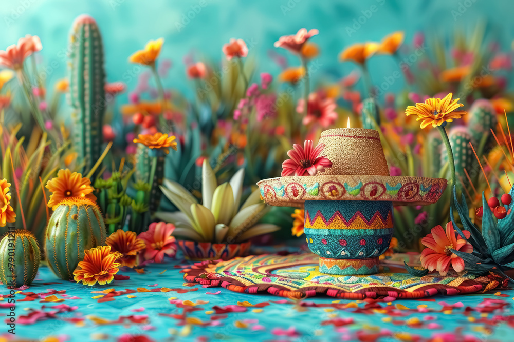 vibrant cinco de mayo festive table arrangement with cactus and sombrero