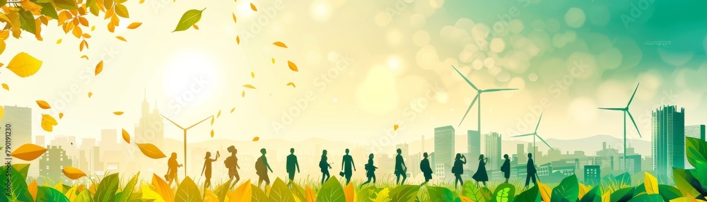 A dynamic illustration of young activists using social media to spread awareness about renewable energy, vibrant and modern, text space on the right A dynamic illustration of young activists using social media to spread awareness about renewable energy, vibrant and modern, text space on the right